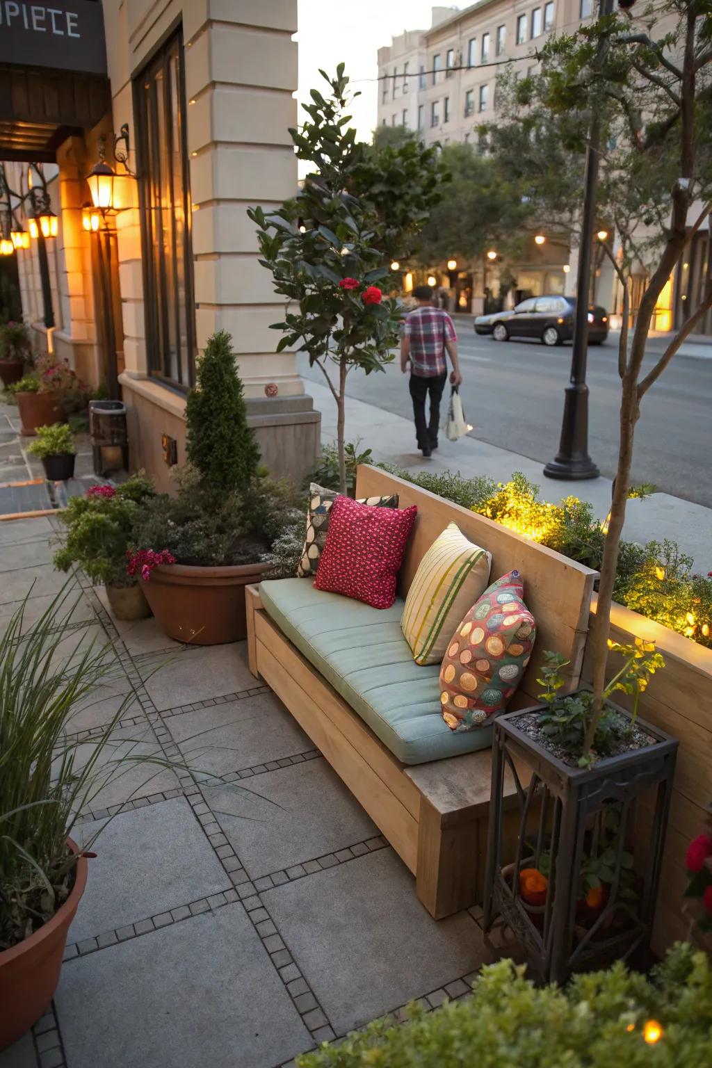 A cozy seating nook offers a personal retreat in the urban setting.