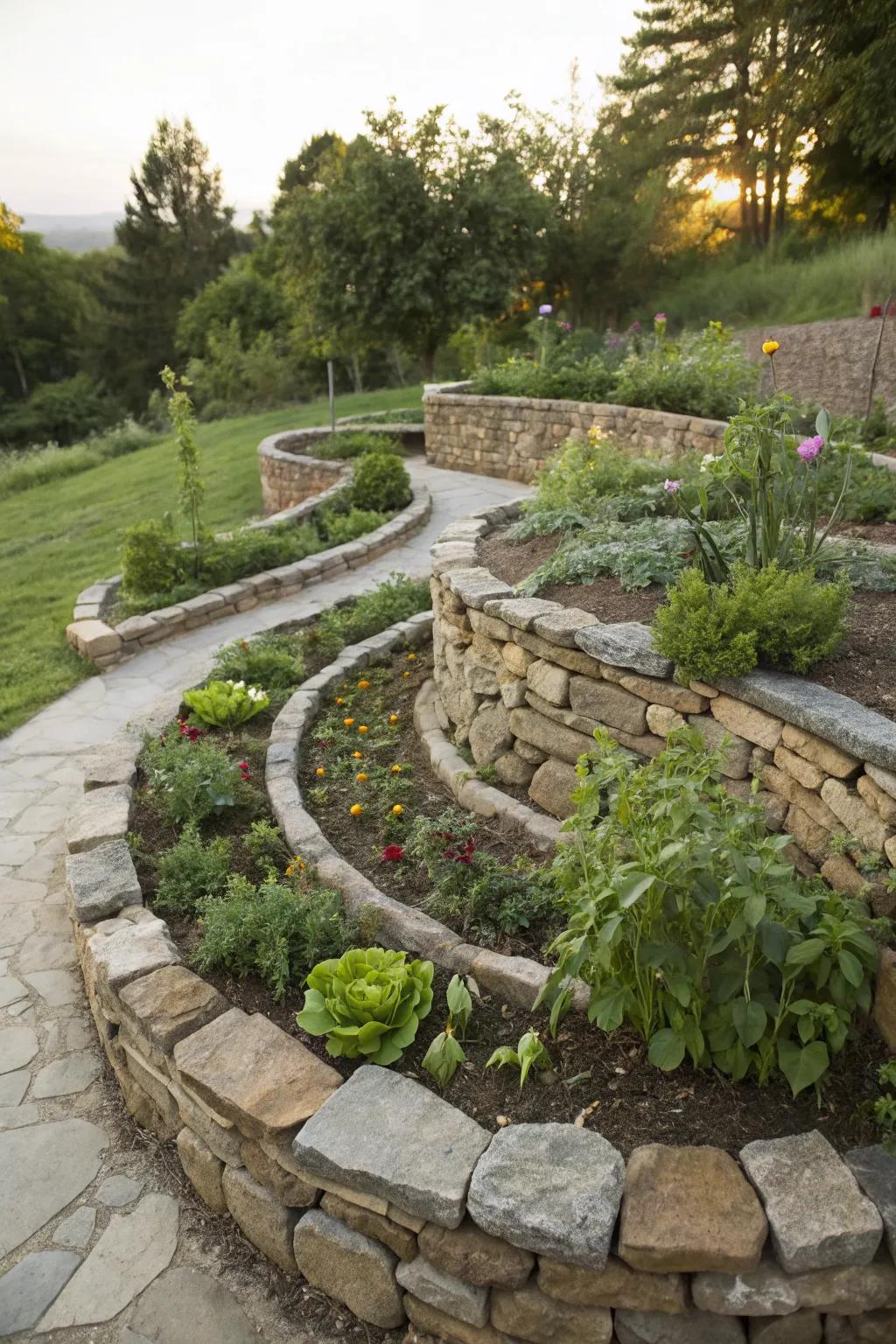 A spiral garden bed with herbs and small vegetables.