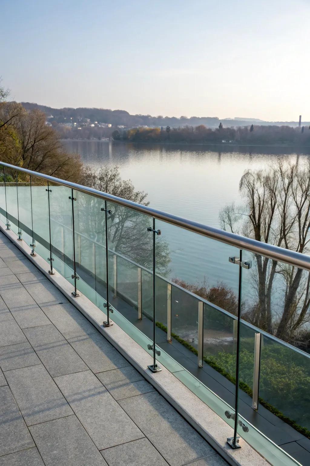 Glass railings offering panoramic views of the lake.