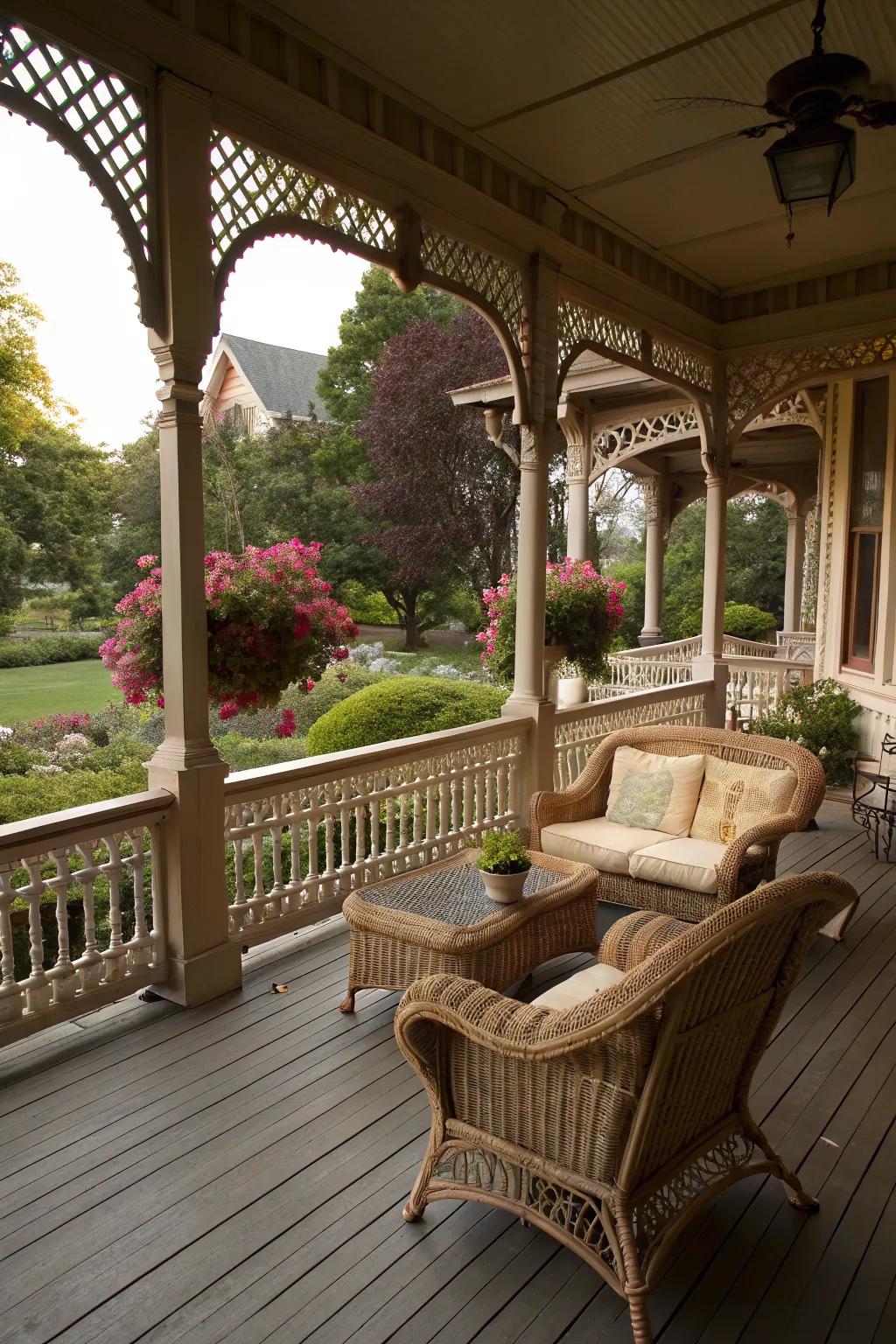Wicker furniture adds a cozy, inviting charm.
