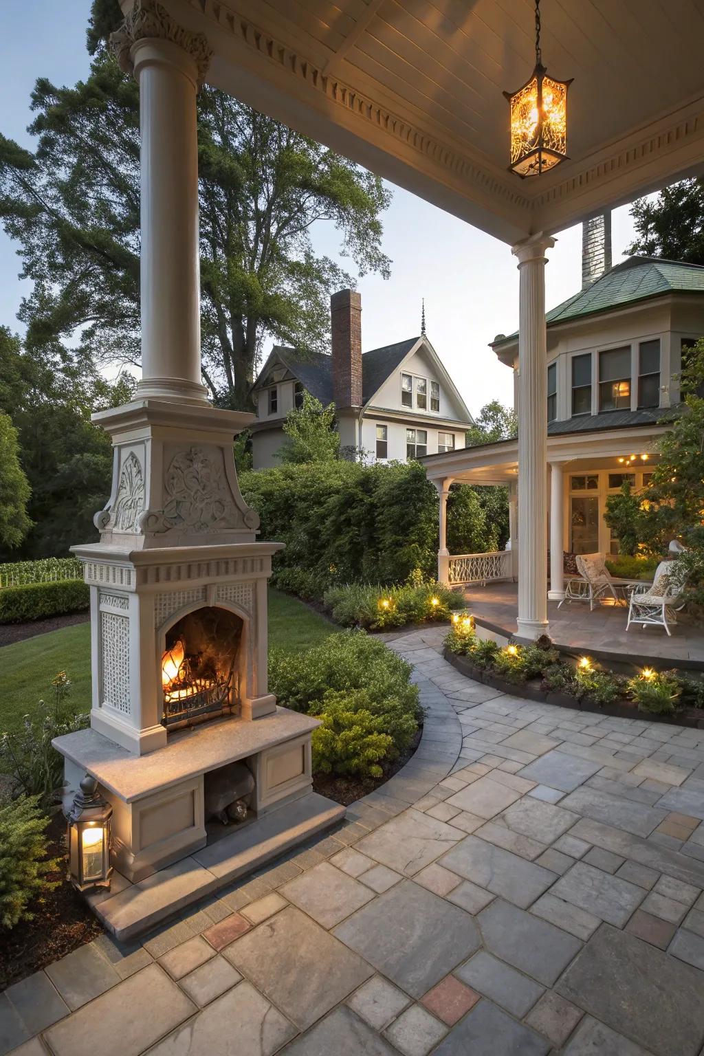 A cozy outdoor fireplace warms this Victorian patio.