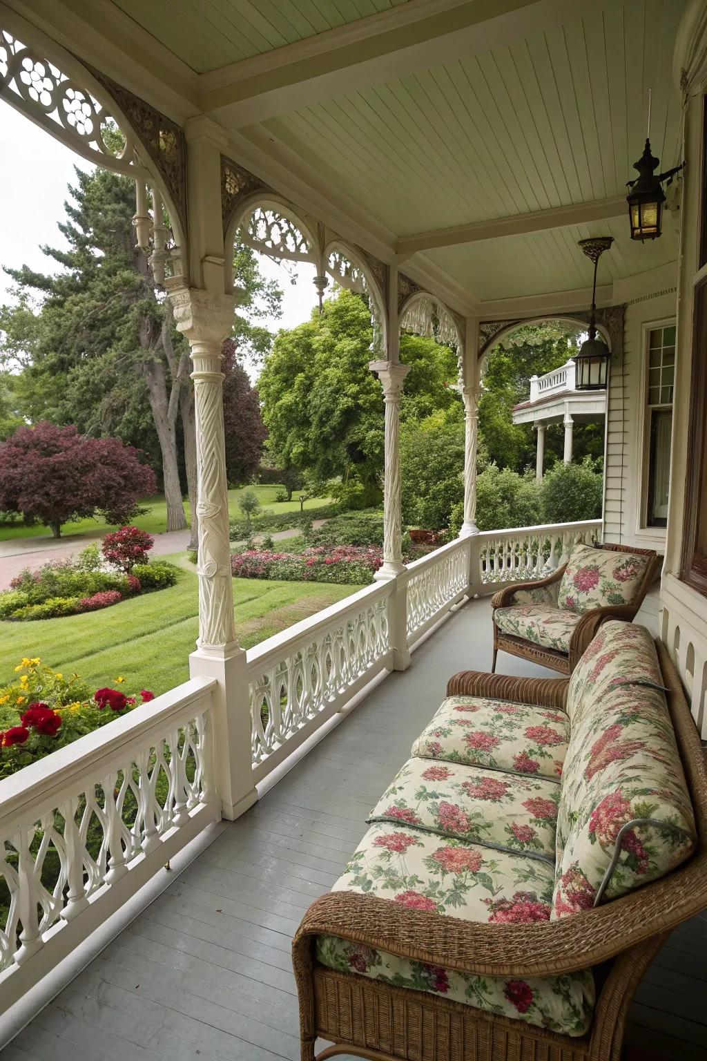 Comfortable cushioned seating on a Victorian porch with floral patterns.