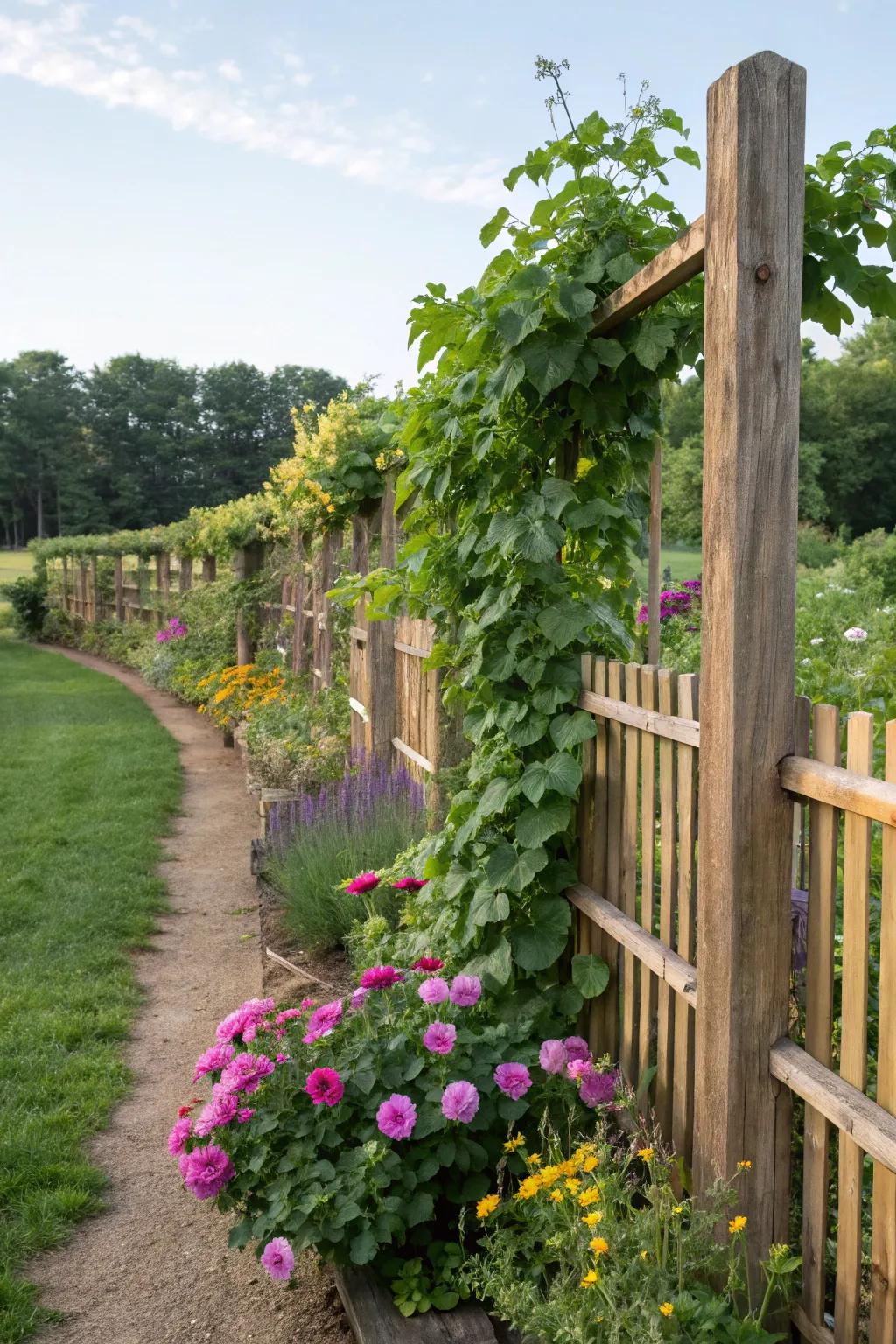 Vine fences can beautifully integrate into existing garden landscapes.