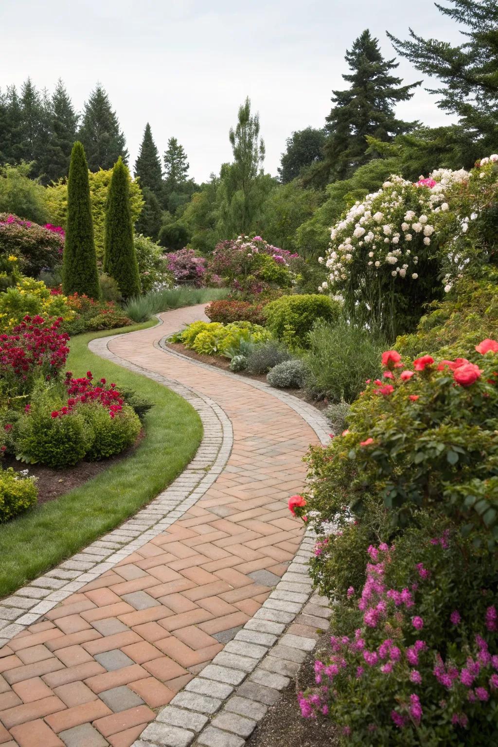 A brick and stone pathway bordered by flowers, guiding visitors through the garden.