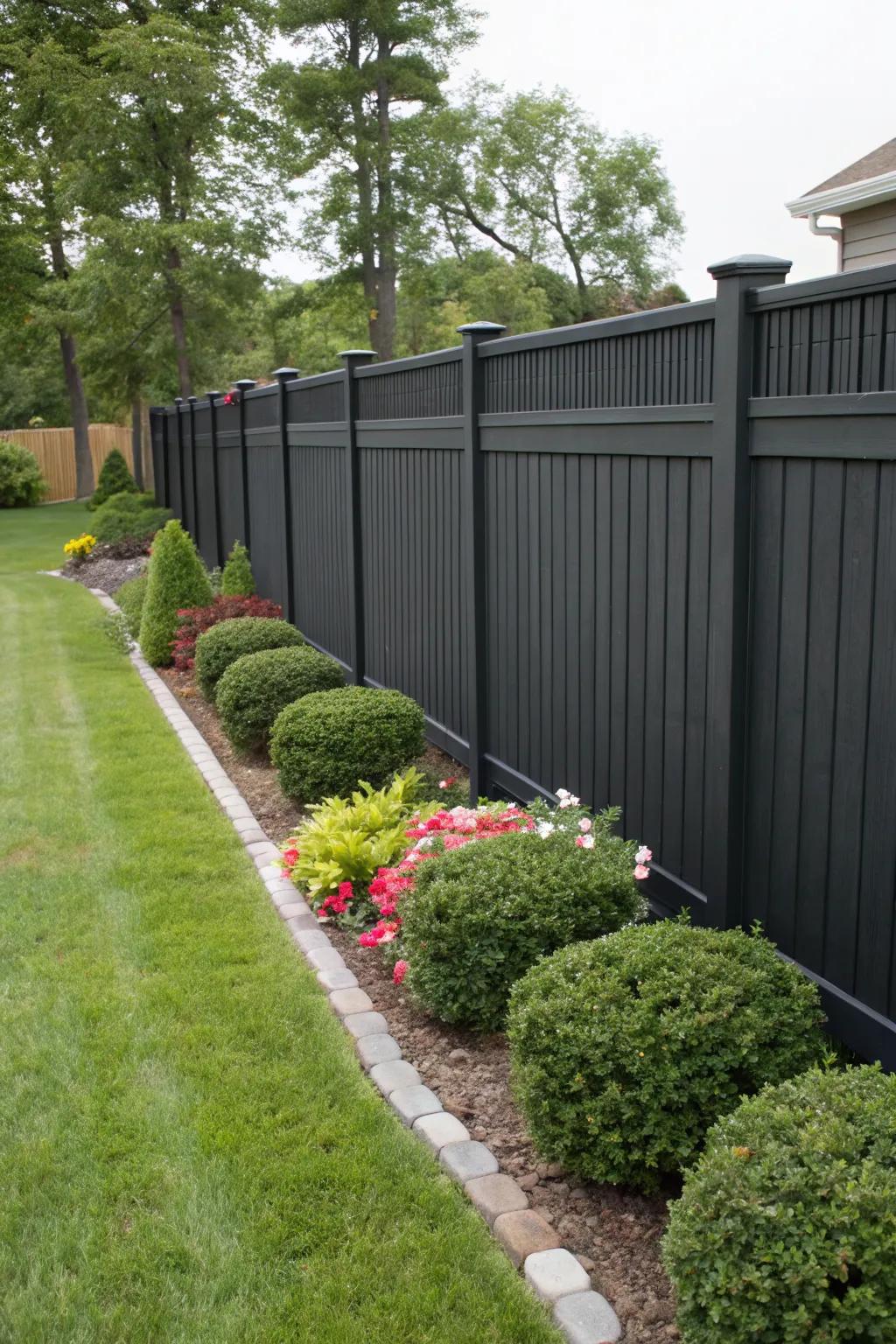 A black vinyl privacy fence offers a sleek and sophisticated backdrop for this lush garden.