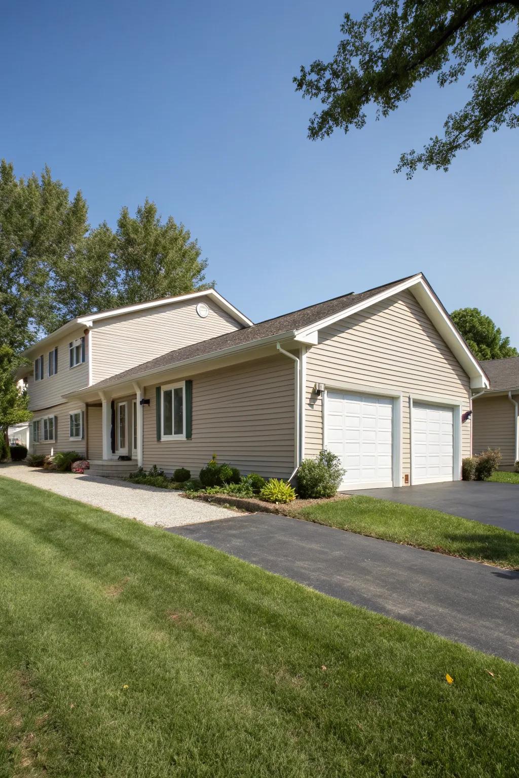 A ranch home featuring vertical vinyl siding, creating an illusion of greater height.
