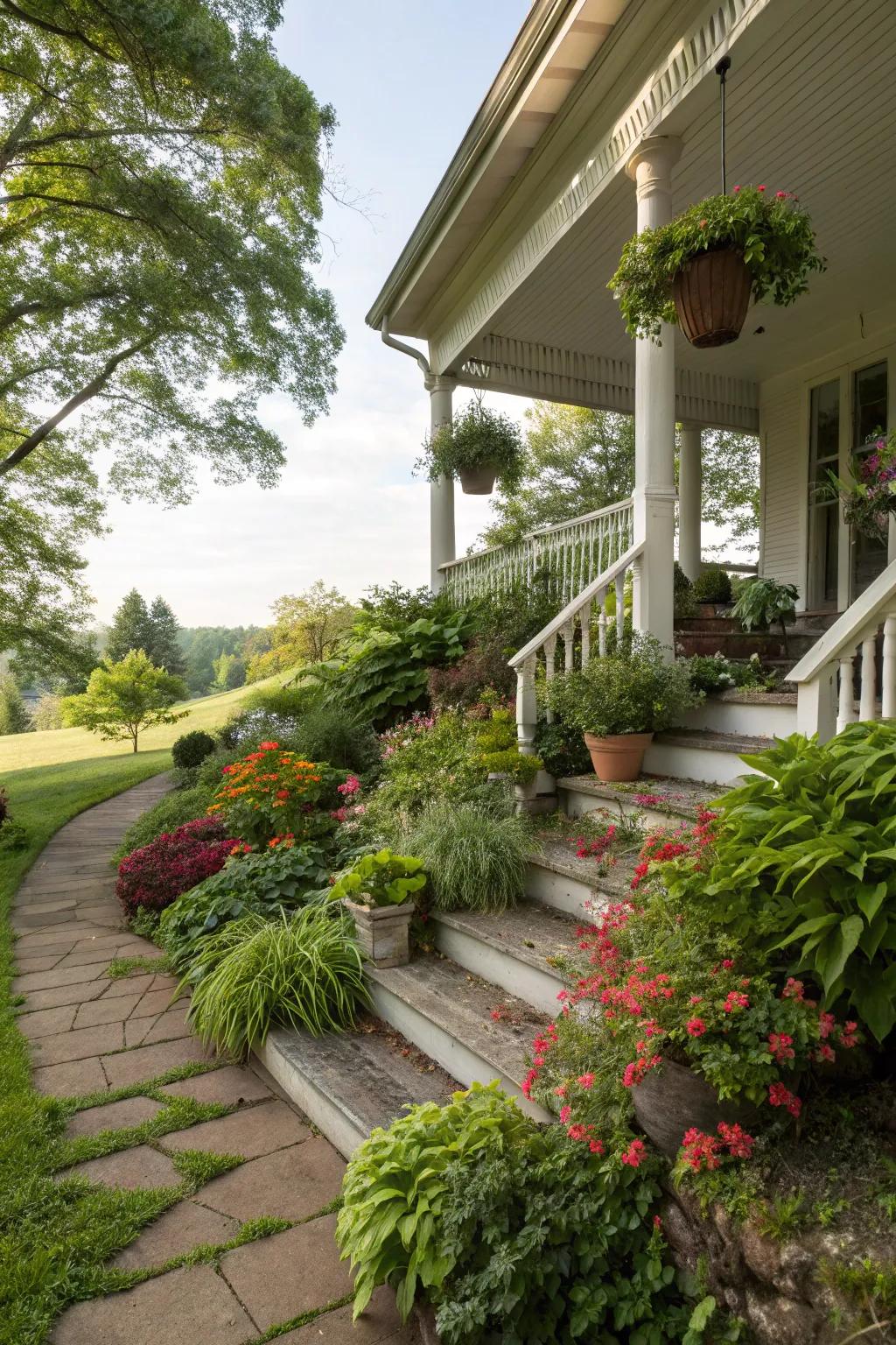 A well-landscaped porch view creates a cozy retreat.