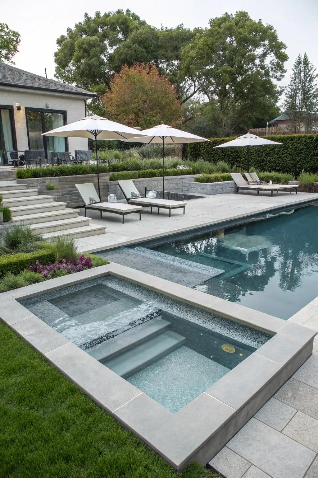 A multi-level design adds depth and versatility to this inground wading pool.