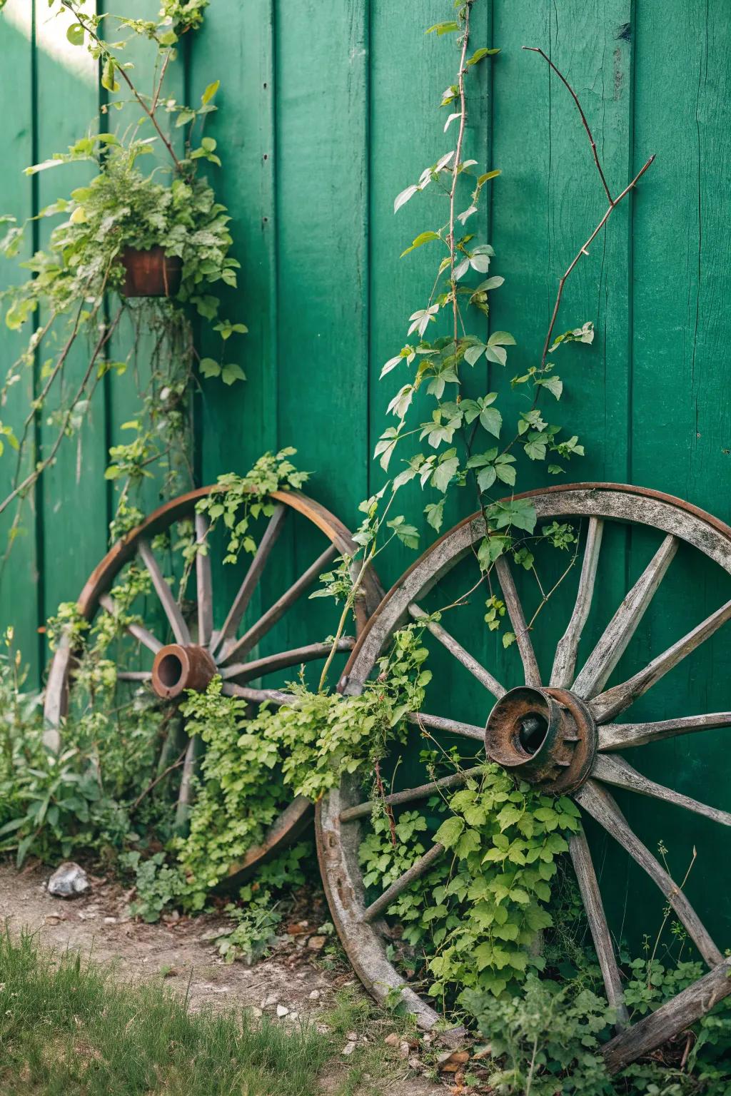 Wagon wheels embraced by climbing plants, creating a living fence.