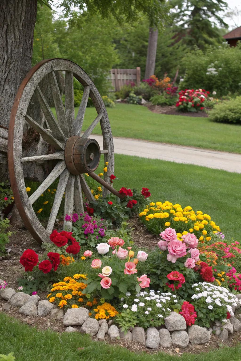 A colorful floral arrangement surrounds a wagon wheel centerpiece.