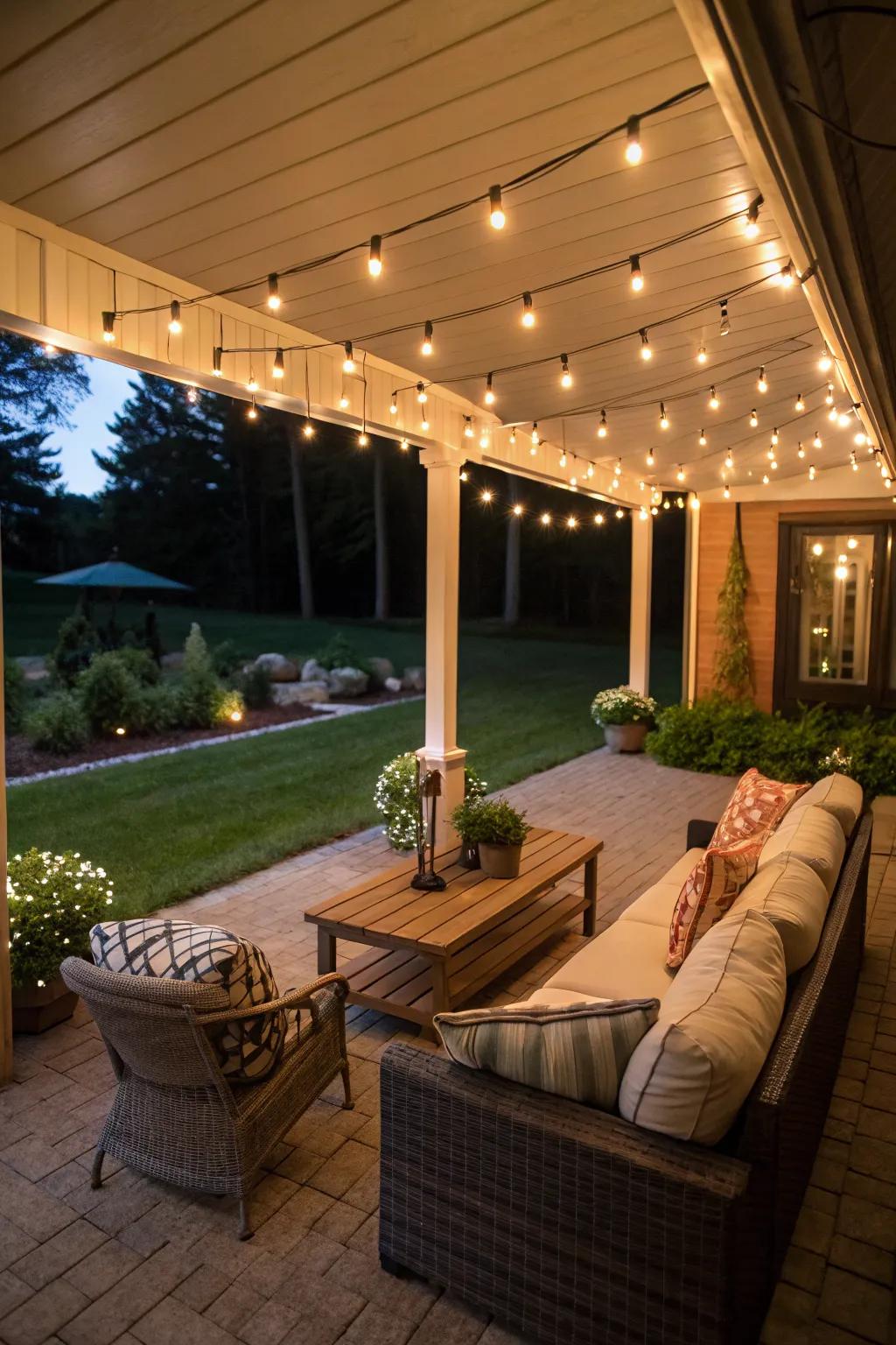 String lights add a warm, inviting ambiance to a walkout basement patio.
