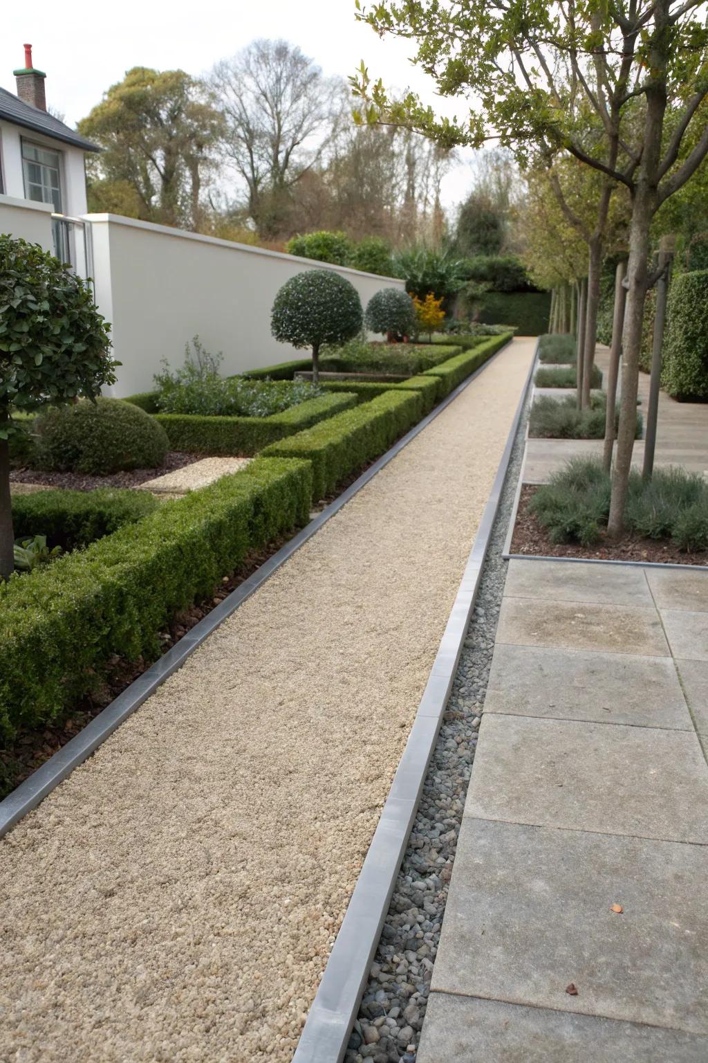 A modern gravel path with sleek metal edging.