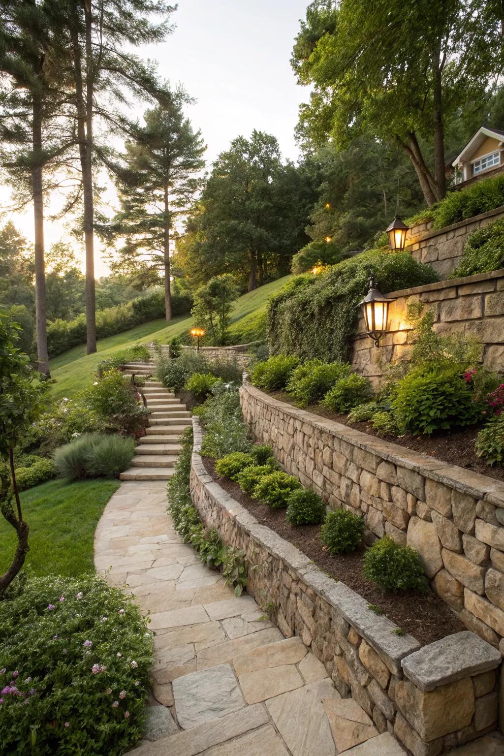 Retaining walls add structural integrity and visual interest.