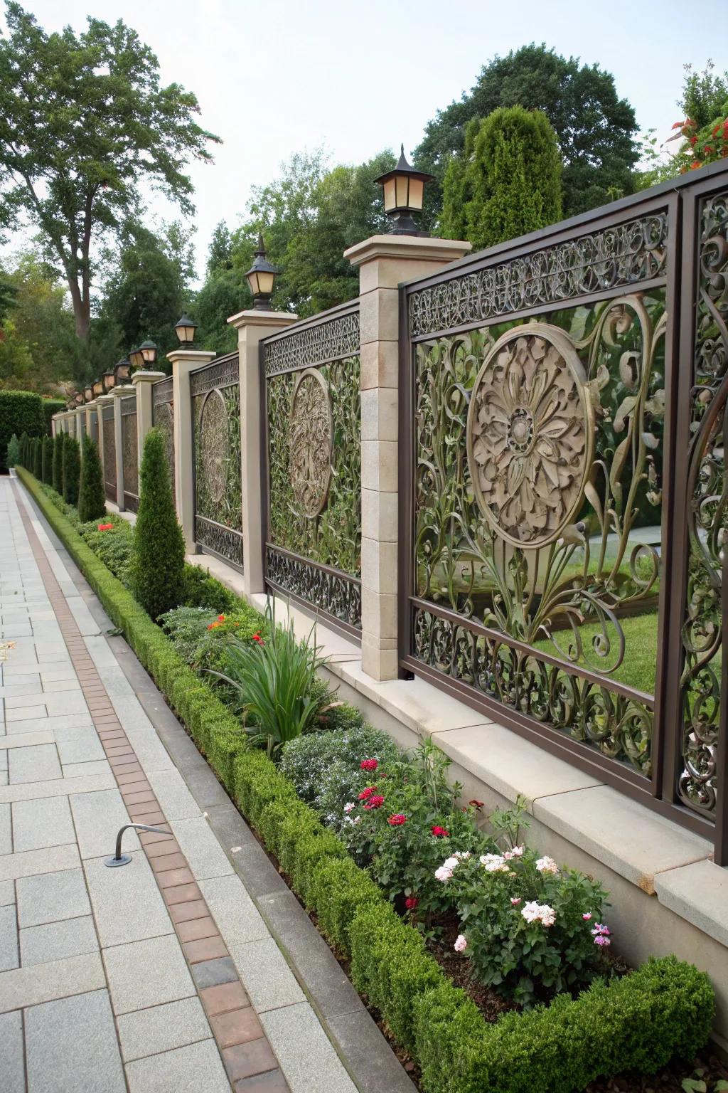 Add elegance and artistry to your garden with intricately etched metal fence panels.