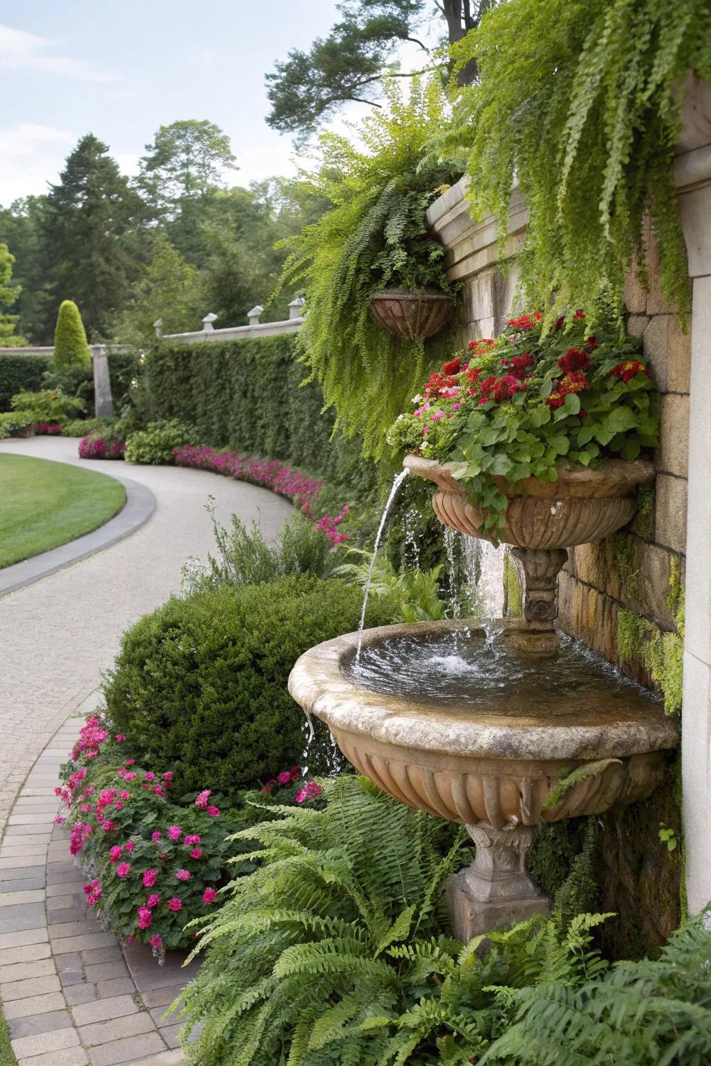 A garden wall fountain enveloped in greenery and blooms.