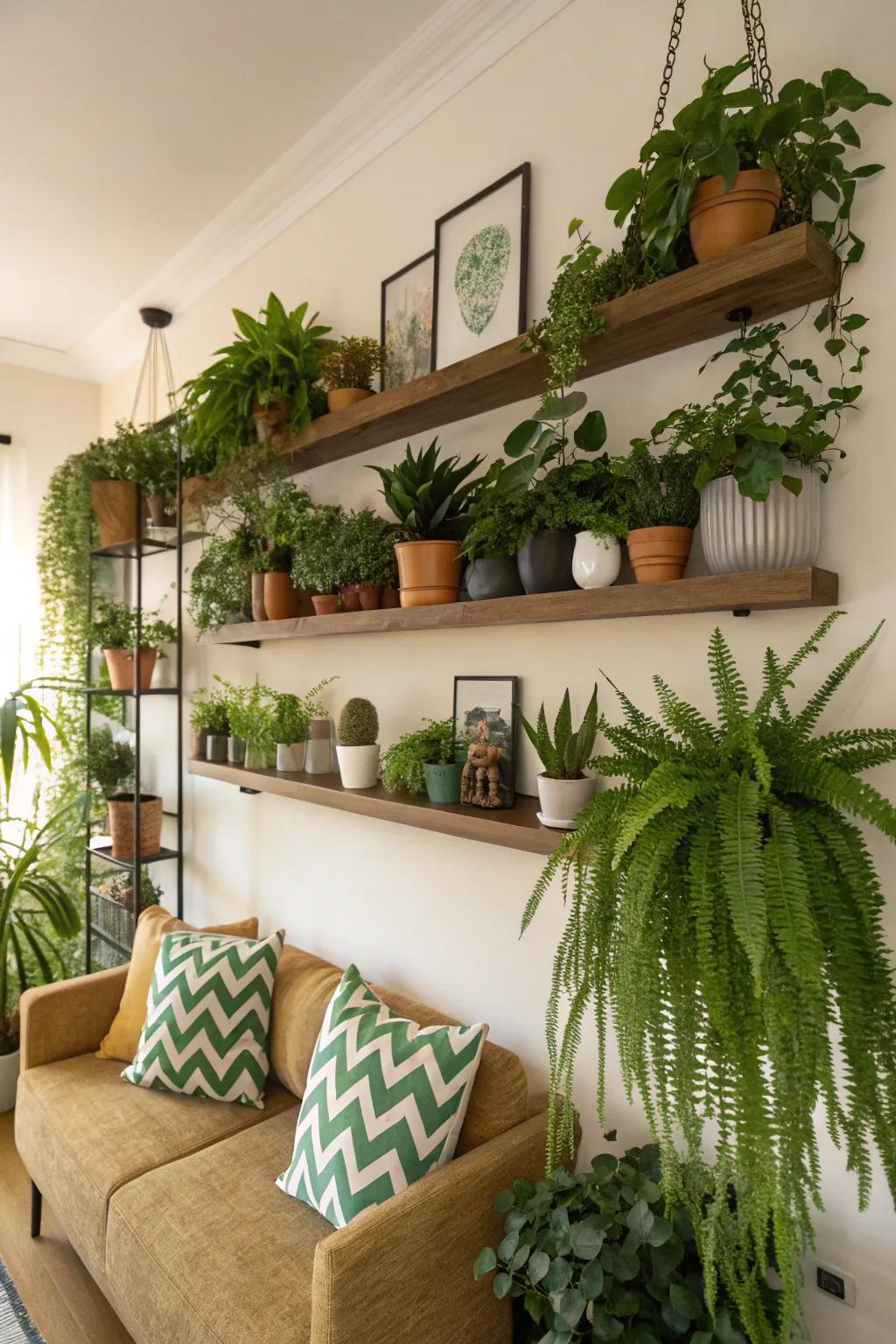 Stylish wall-mounted shelves for indoor greenery.