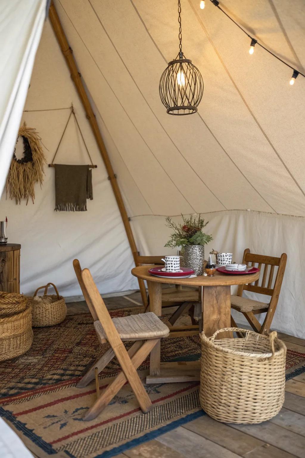A charming wall tent dining area, set up for a cozy meal.