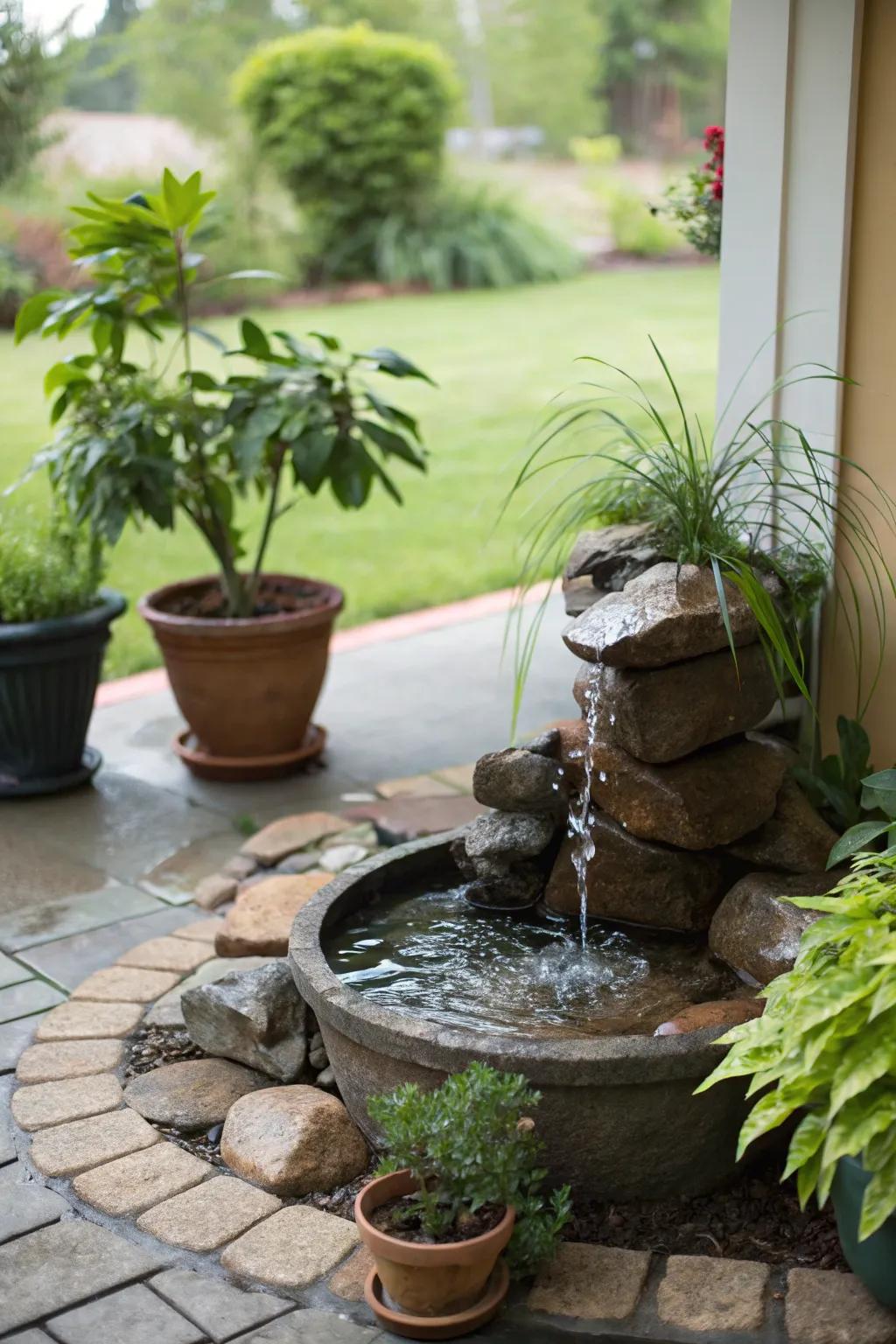 A compact rock fountain fits snugly into any corner, adding charm to small spaces.