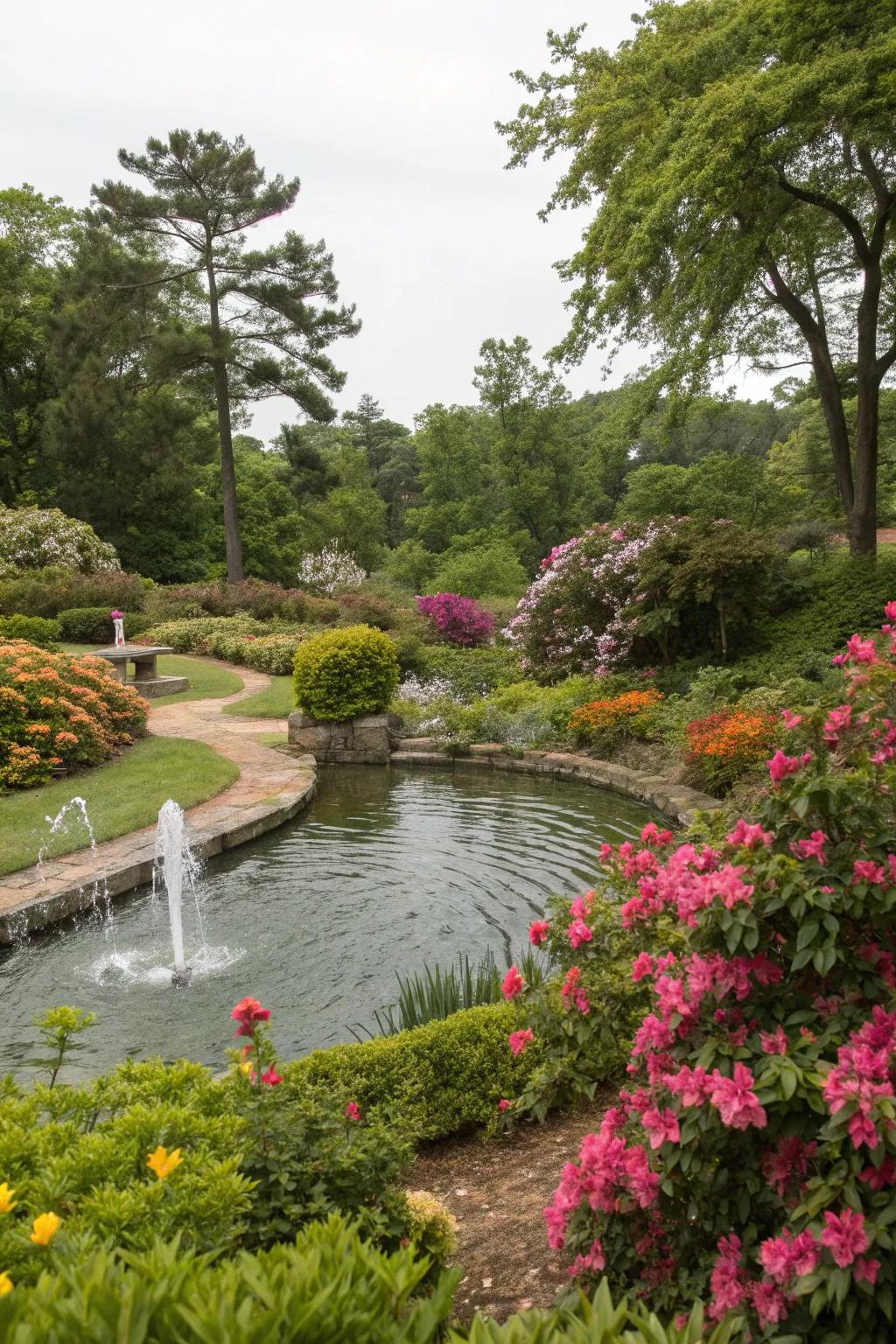 Lush greenery and flowers bring vibrancy to a garden water feature.