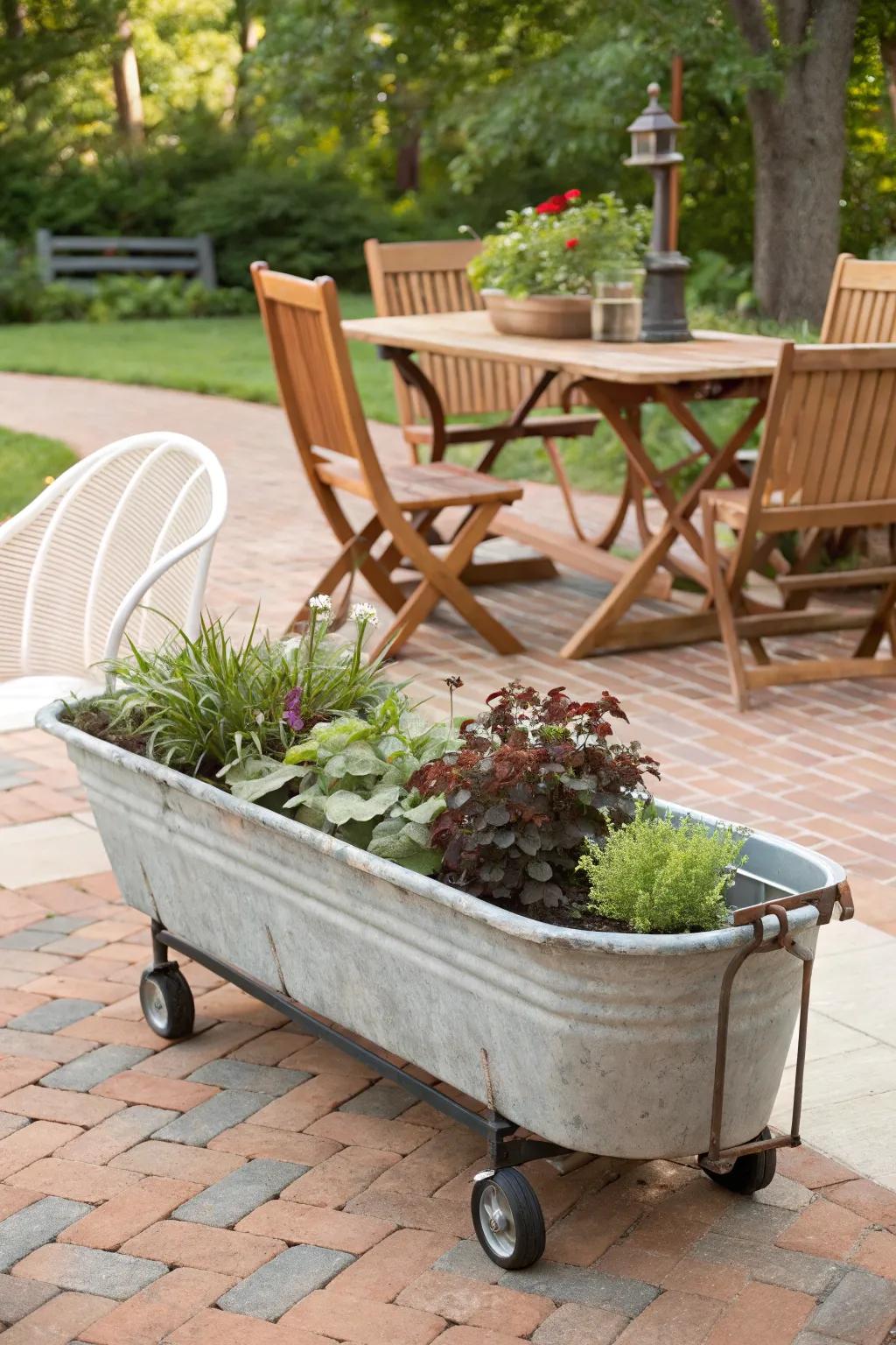 A mobile water trough planter on a patio.
