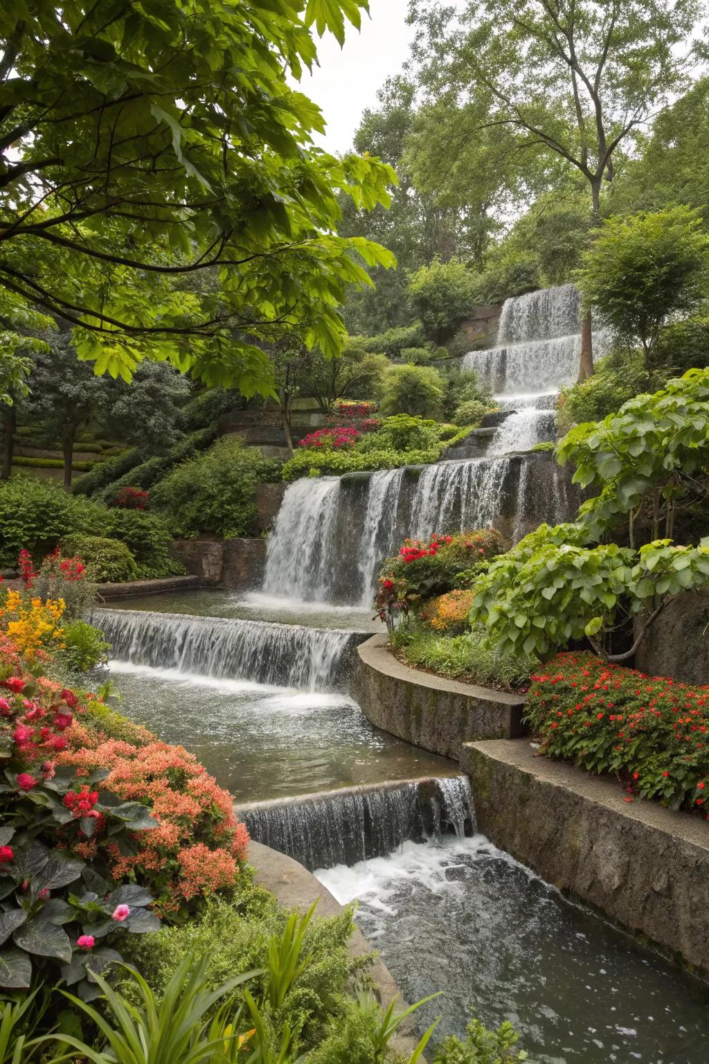A multi-level cascading spillway that adds dynamic movement to the garden.