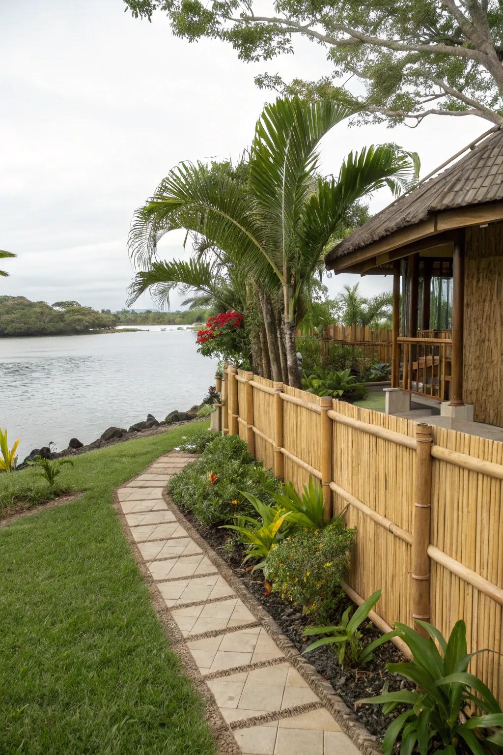 Bamboo fencing adds a tropical touch to this waterfront property.