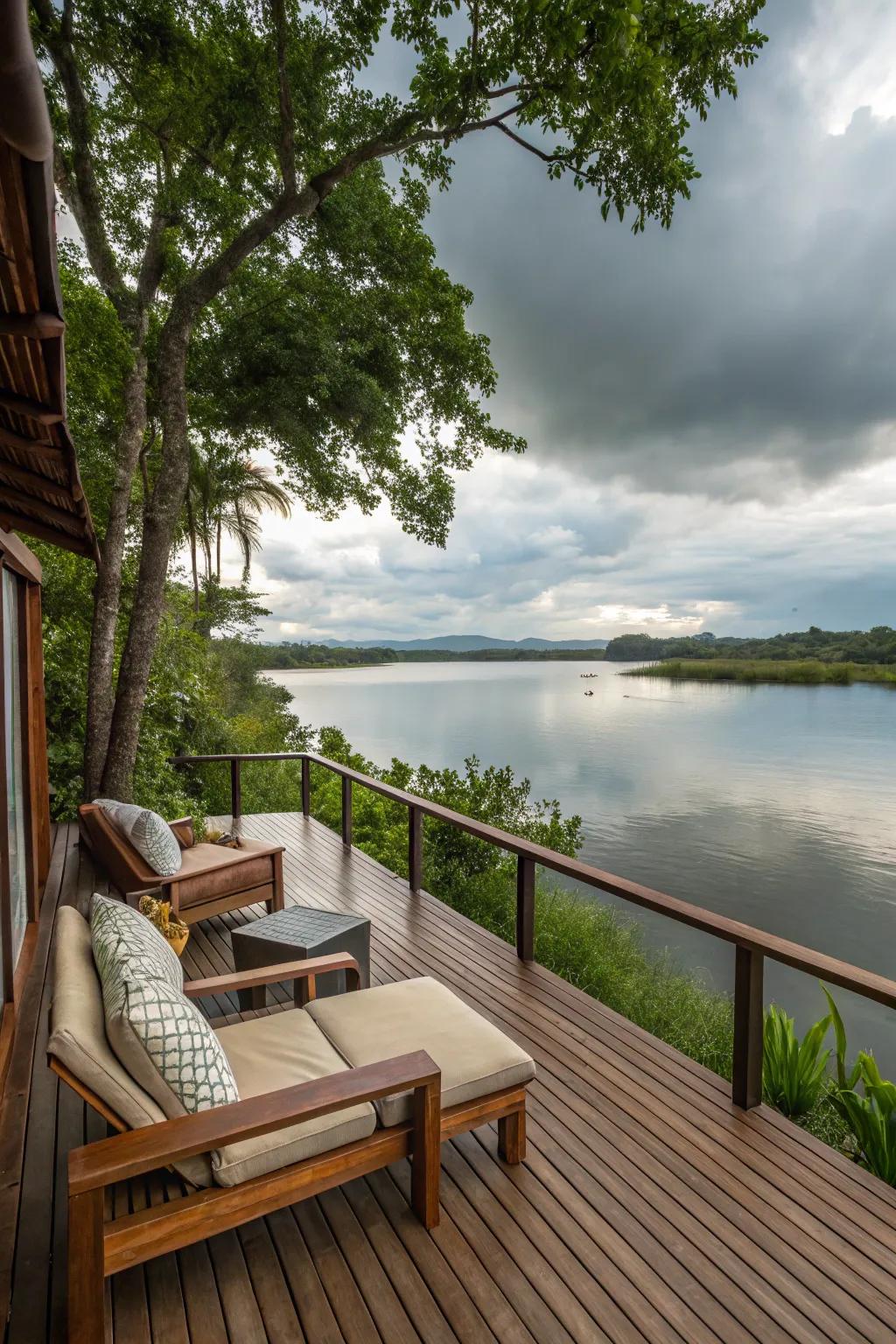 A wooden deck offering stunning views of the lake.