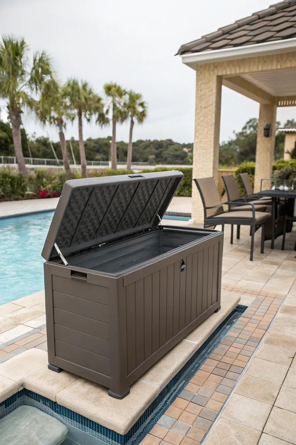 Reliable and weatherproof deck box for towel storage.
