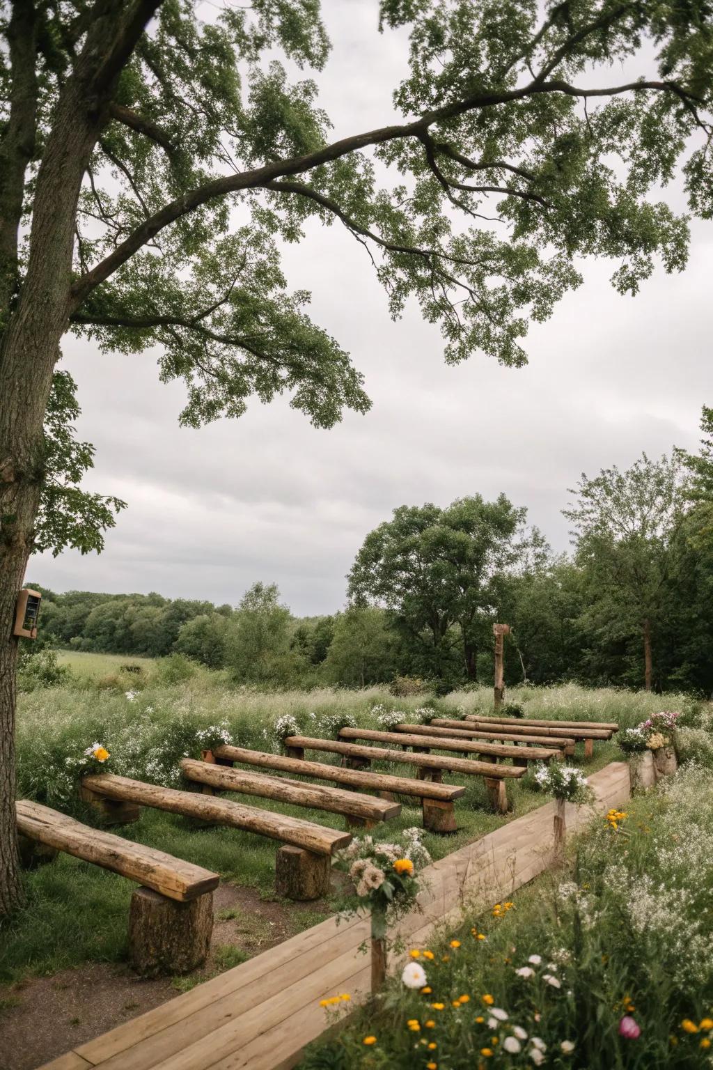 Log benches offer a rustic charm for a woodland wedding.