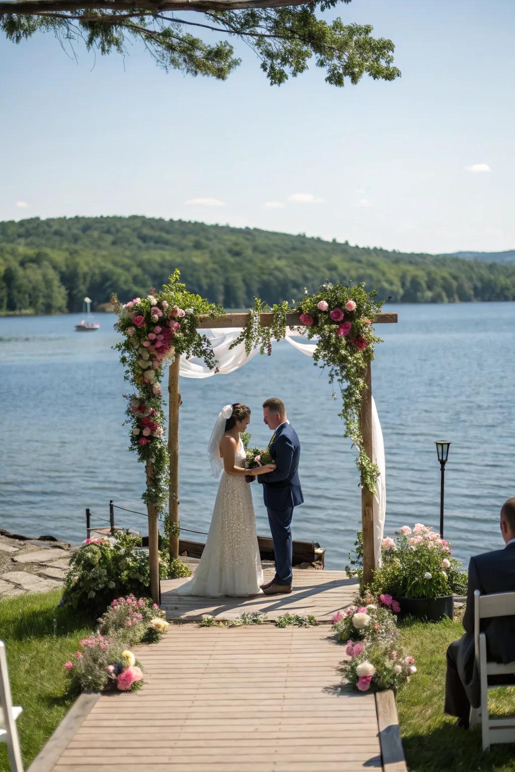 A lakeside wedding ceremony with tranquil surroundings