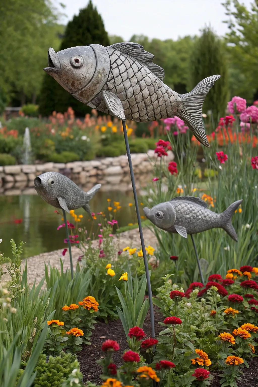 Metal fish create a serene aquatic theme.