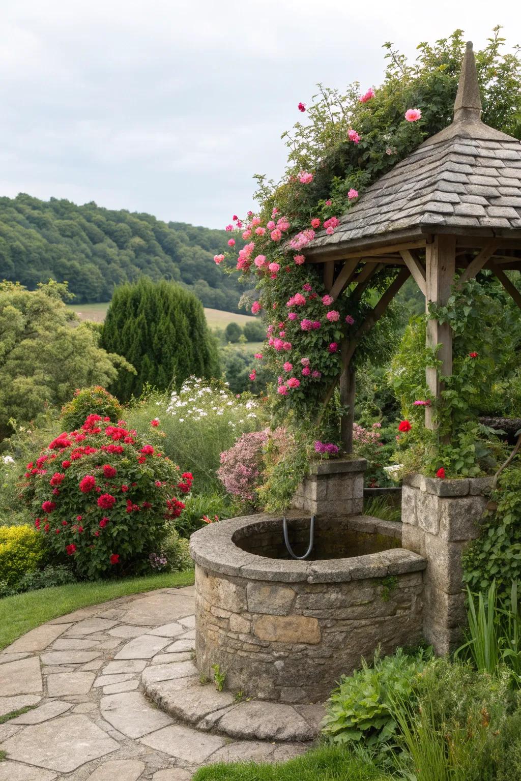A wishing well brings a whimsical touch to any garden.