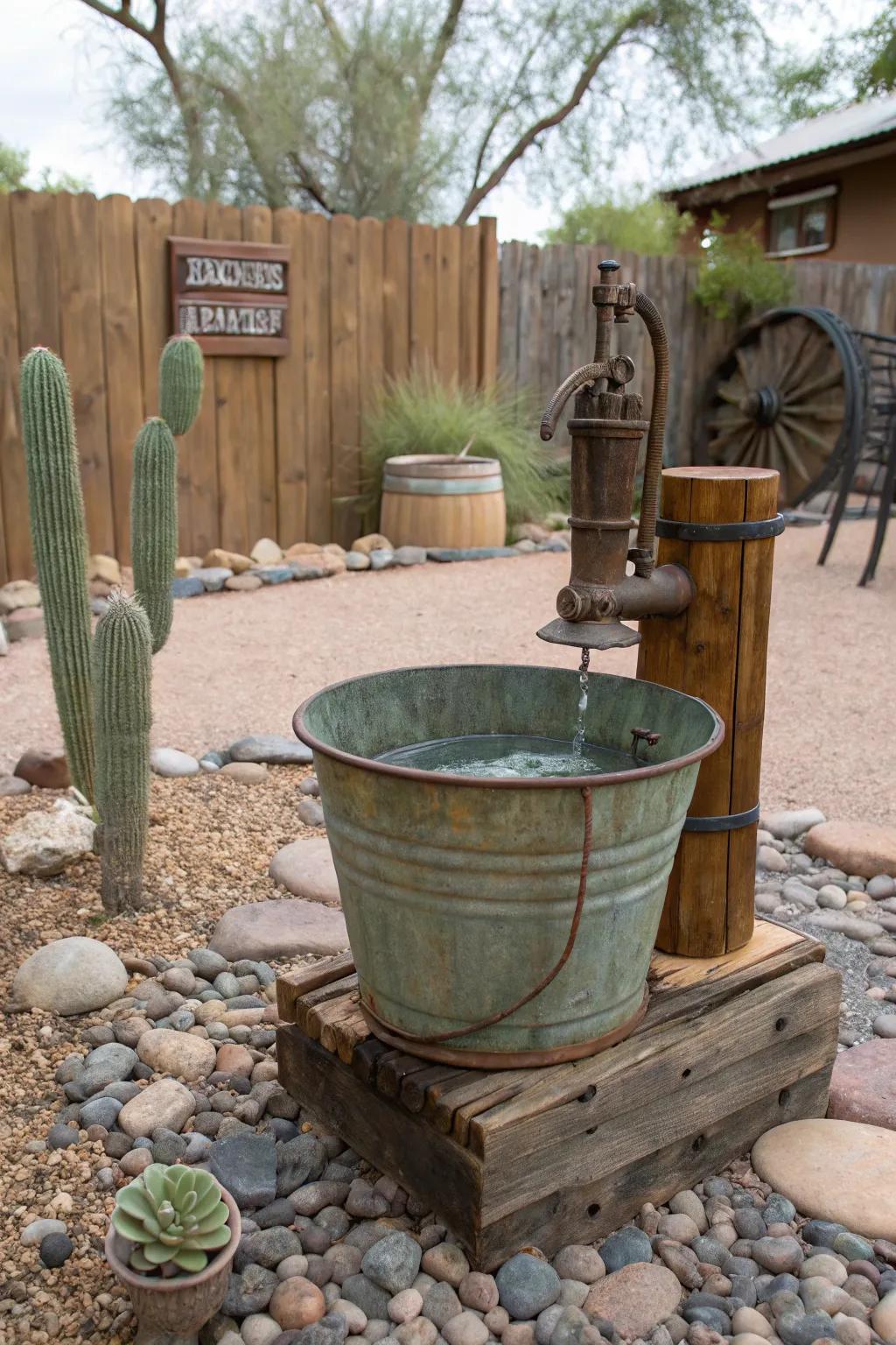 An antique water feature adds charm and tranquility.