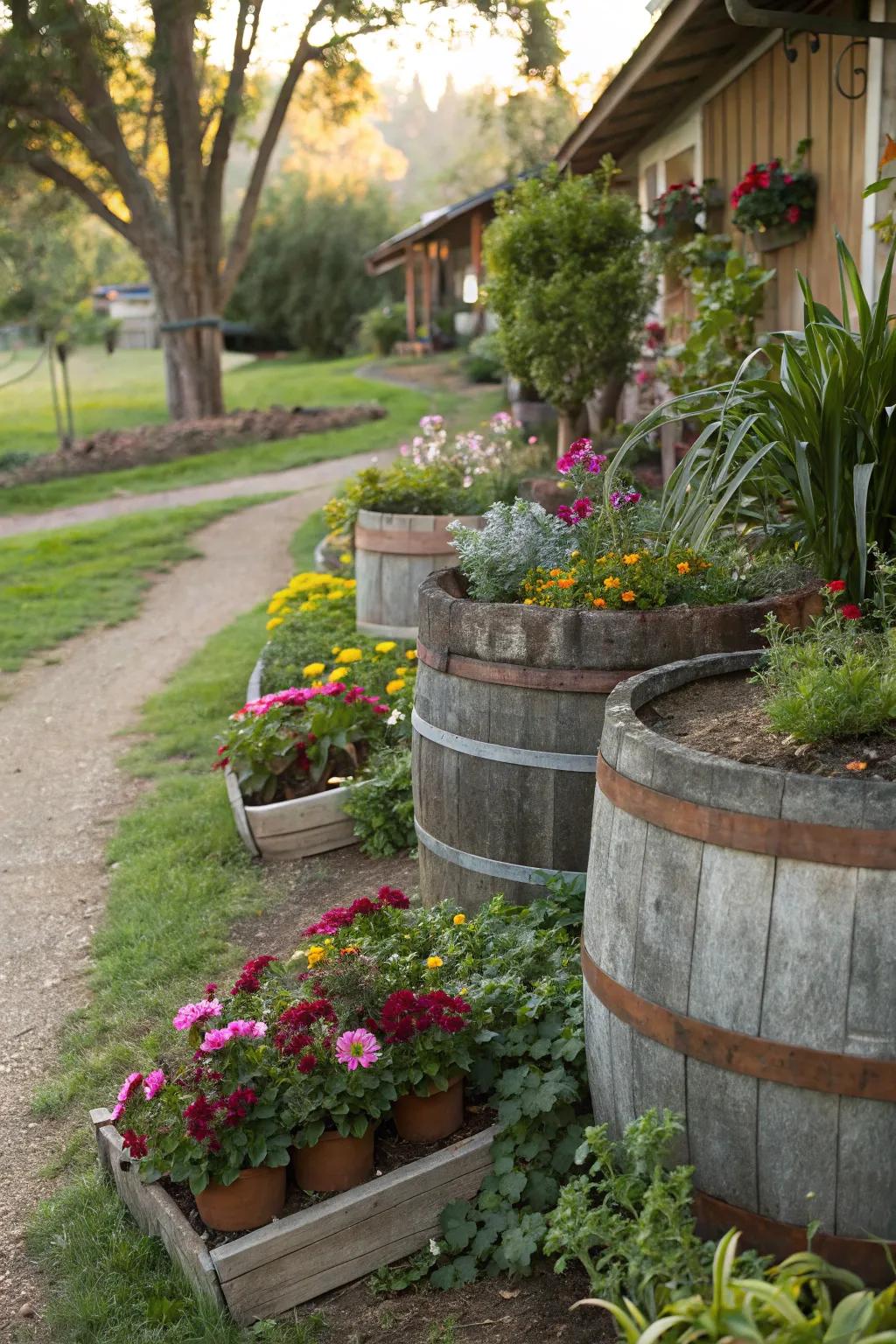 Old barrels and troughs make perfect planters for a western garden.