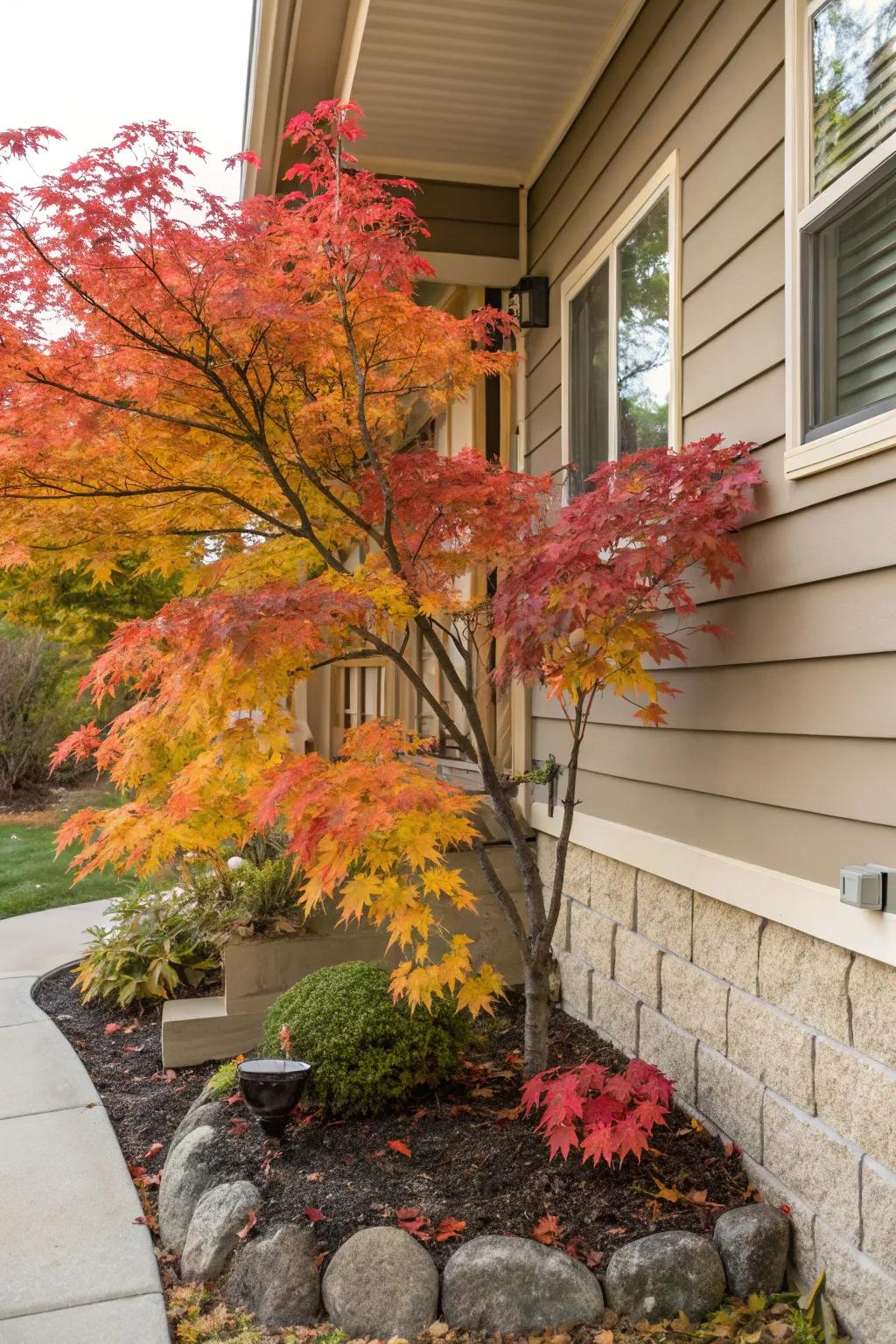 Dwarf trees like Japanese Maples add elegance and height.