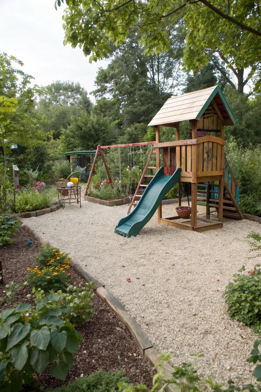 Pea gravel adds texture and safety beneath a playset.