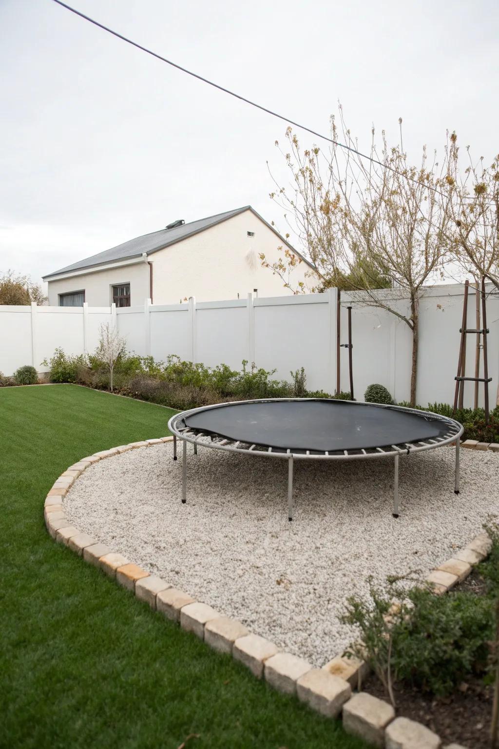 Pea gravel offers a clean and simple base for trampolines.