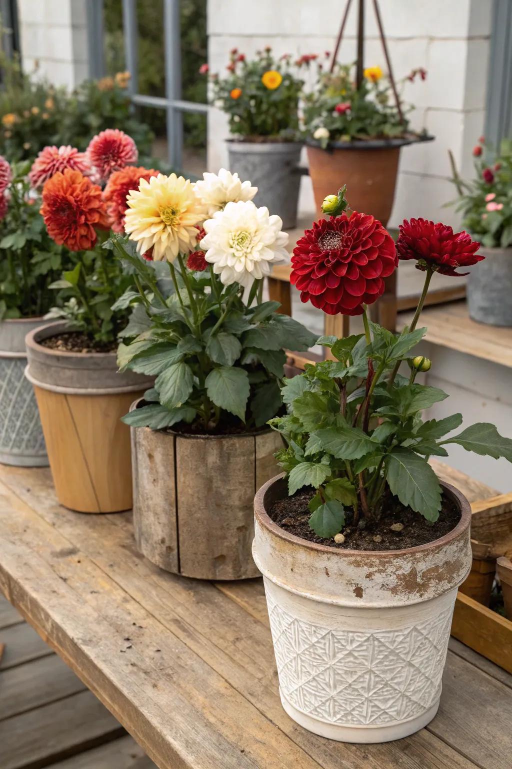 Diverse pot materials for creative dahlia displays