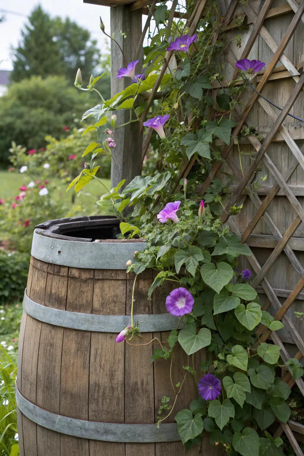 Create vertical interest with a trellis in your whiskey barrel planter.