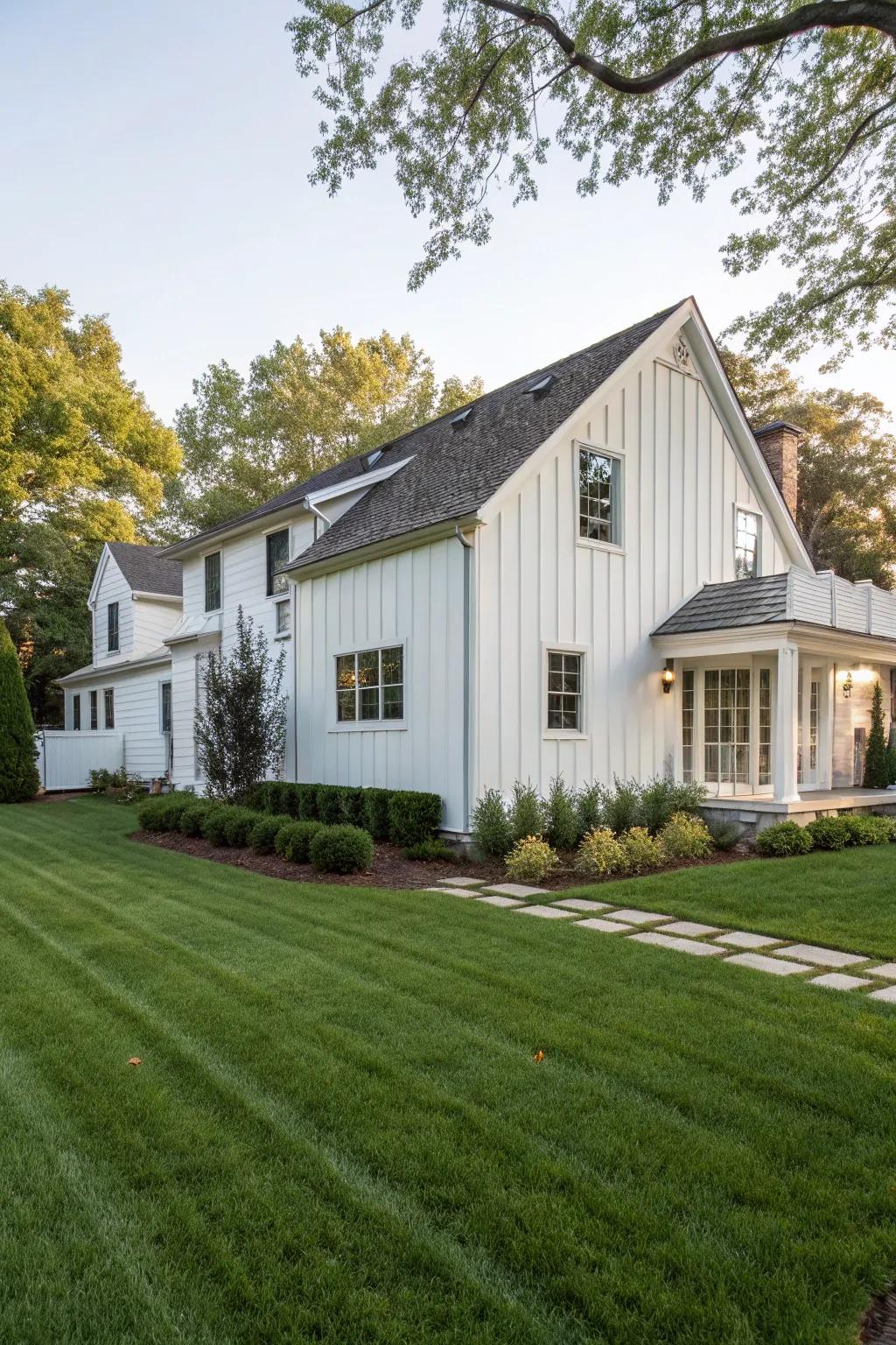 A white home with board-and-batten siding, offering rustic charm with a modern edge.