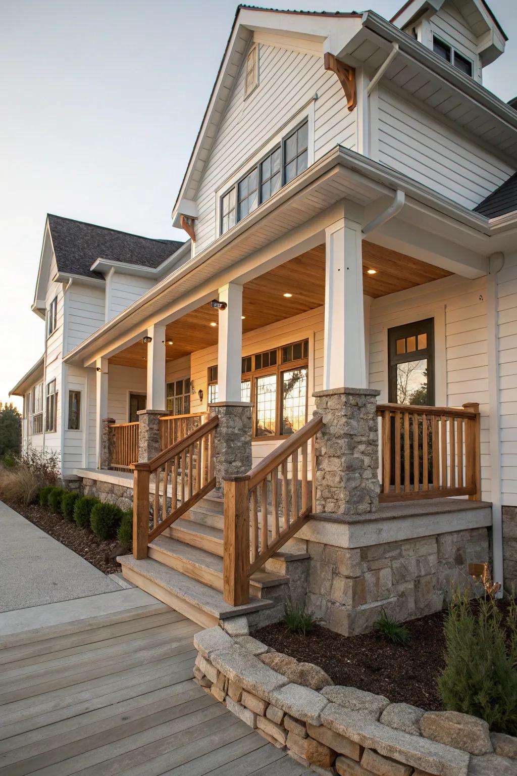 Natural materials add texture and interest to a white house porch.