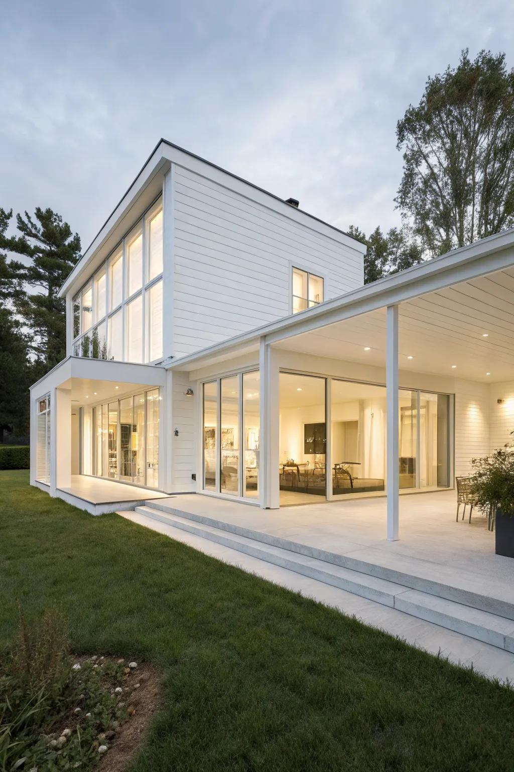 A minimalist white-on-white palette creates a modern and airy feel.