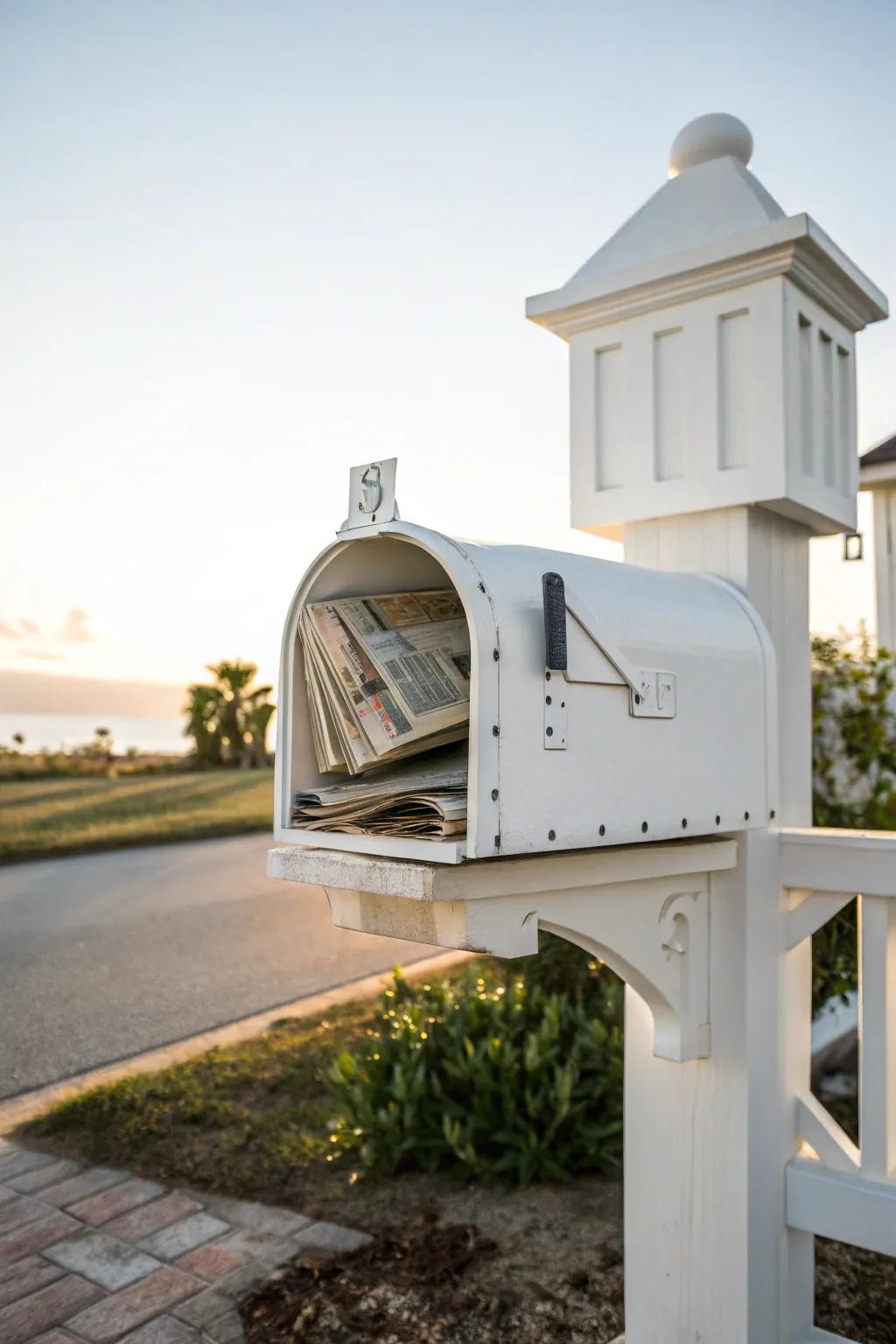 A white mailbox with a newspaper holder combines functionality with style.
