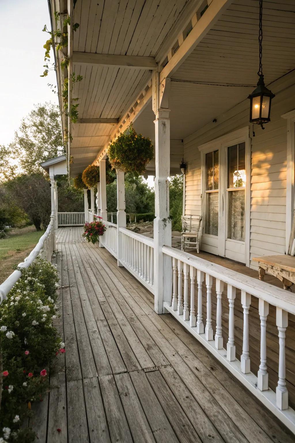 A rustic wood and white combo brings warmth to the porch.