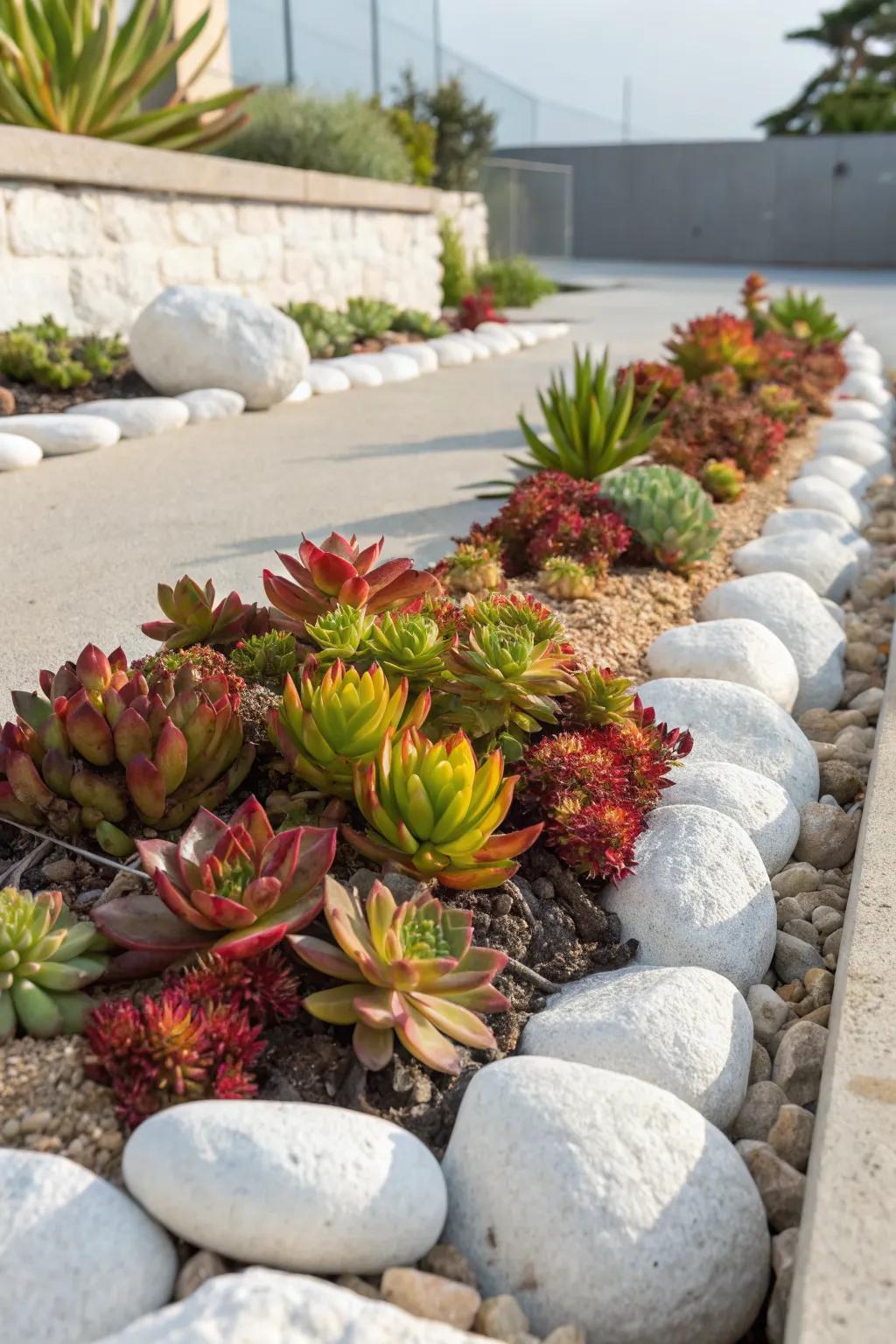 Succulents paired with white rocks for a striking, low-maintenance display.