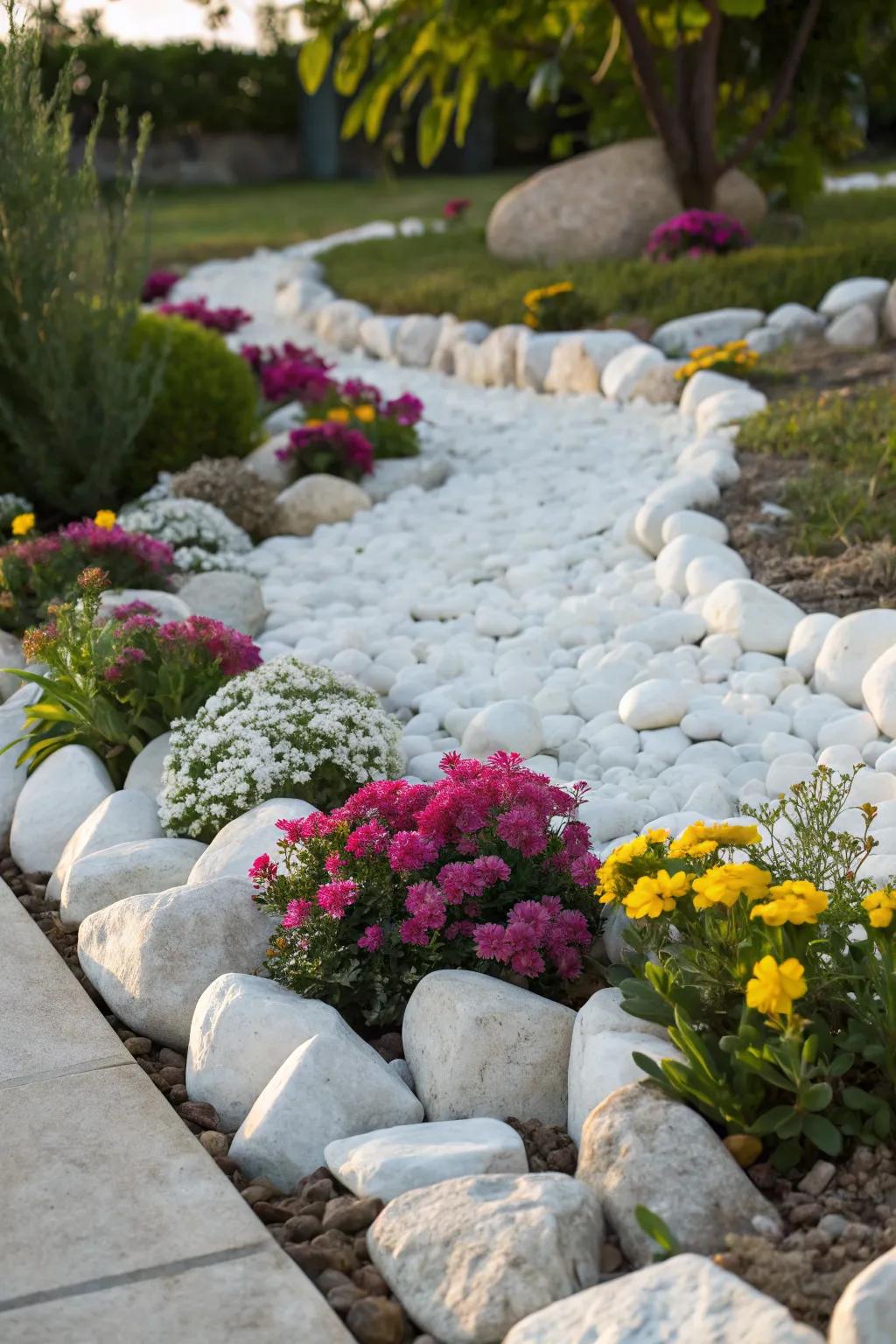 White rocks make colorful flowers stand out beautifully.