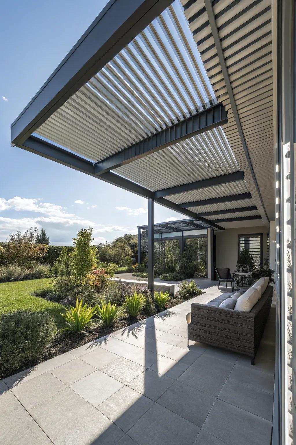 Louvered panels blend style with wind and light control.