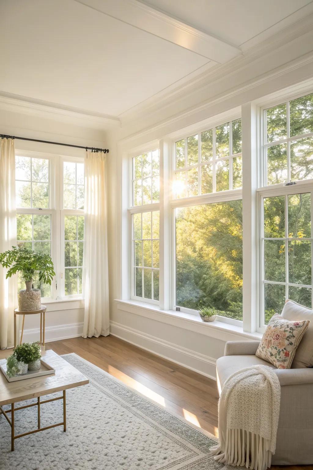 Trim that enhances natural light creates a welcoming atmosphere.