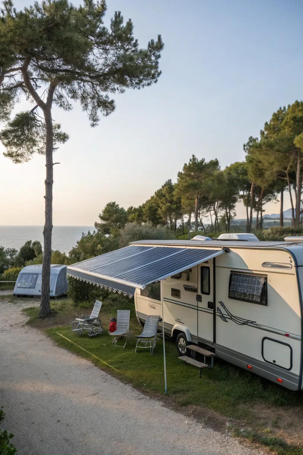 A solar-powered awning providing shade and energy efficiency for a mobile home.