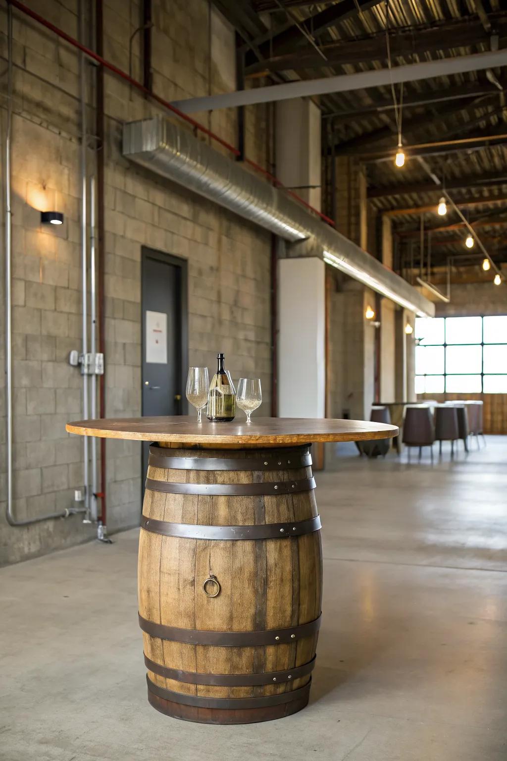 Industrial meets rustic with a metal-topped wine barrel table.